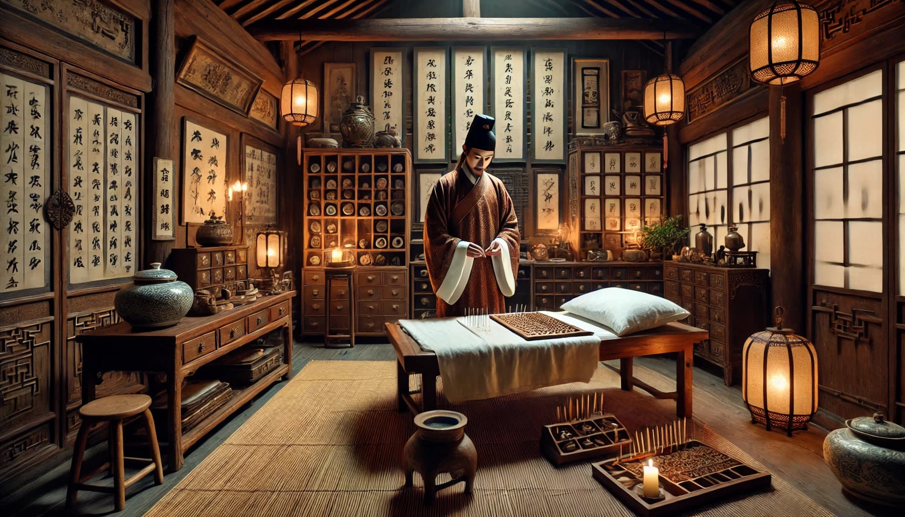 A traditional Chinese medicine studio: the treatment couch with needles laid out on a tray, the remedy cabinets and calligraphy on the walls.